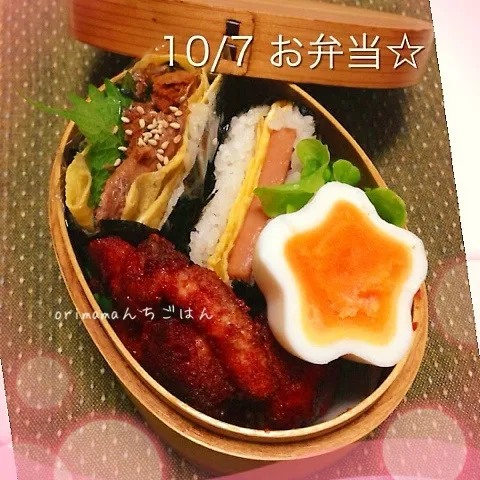 秋刀魚サンドとリベンジスパムおにぎり赤辛チキン弁当☆|chouchouさん