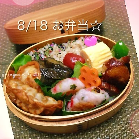 Snapdishの料理写真:手作りベーコンとピーマンのソテー＆揚げ餃子弁当☆|chouchouさん