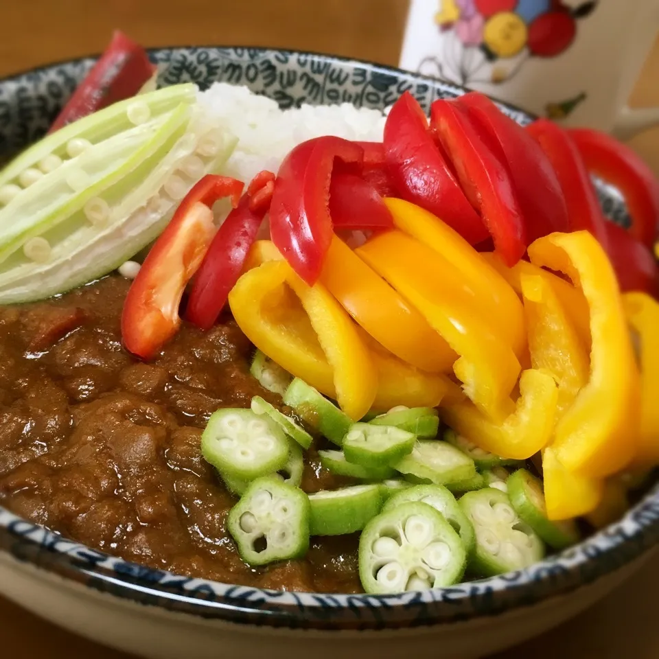 生オクラとパプリカをトッピングした！レトルトカレー☆|とみとみたろうの男子ごはん♪さん