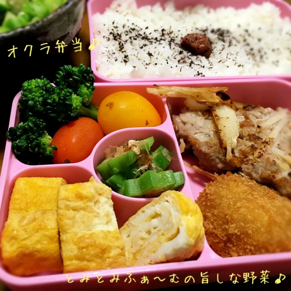 Snapdishの料理写真:オクラとブロッコリーとミニトマト入りなハンバーグ弁当♪|とみとみたろうの男子ごはん♪さん