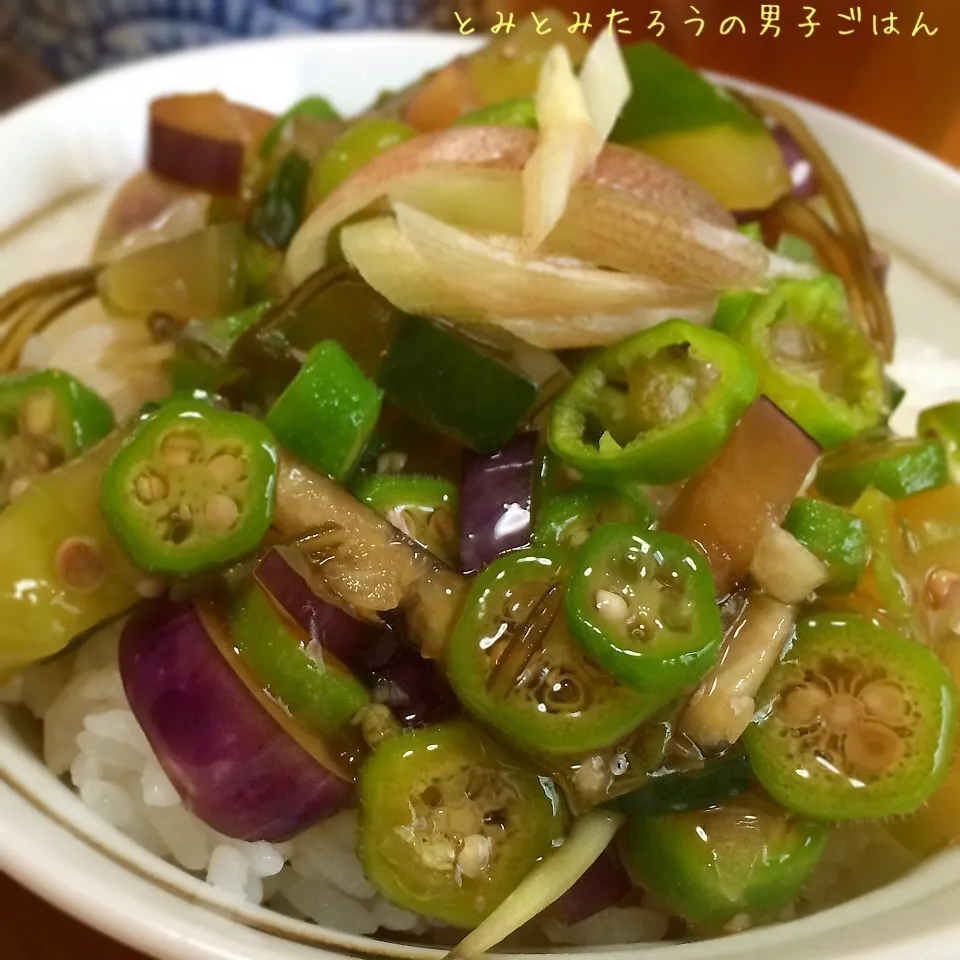 追い茗荷&ししとう入り！ピリ辛山形だし丼〜♪|とみとみたろうの男子ごはん♪さん