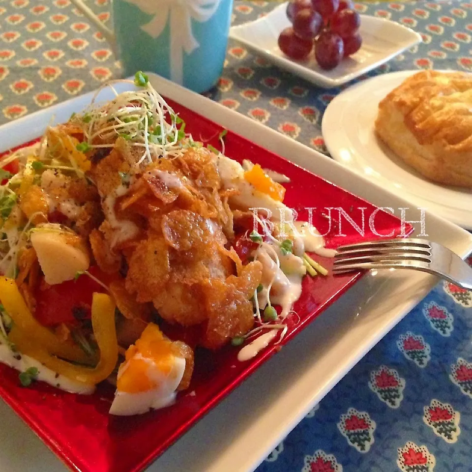 サザエボンさんの鶏ささみのコーンフレーク焼きでサラダブランチ|mamaroaさん