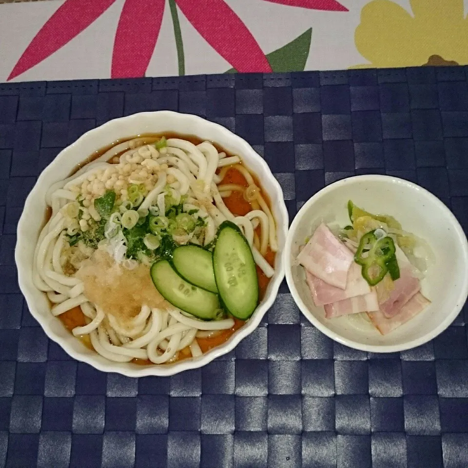 Snapdishの料理写真:冷やしうどんとさっぱりマリネ|蘭蘭さん