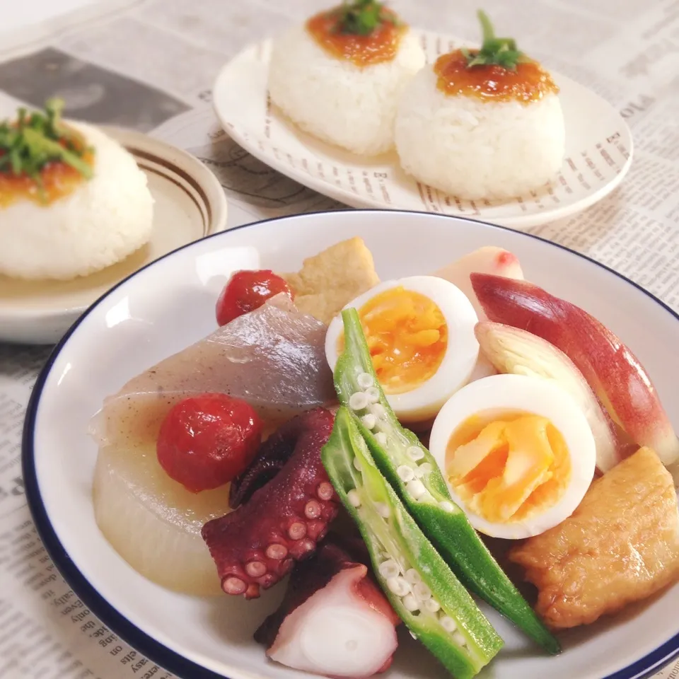 Snapdishの料理写真:♡♡冷やしおでん&梅みそ焼きおにぎり♡♡|ユッキーさん