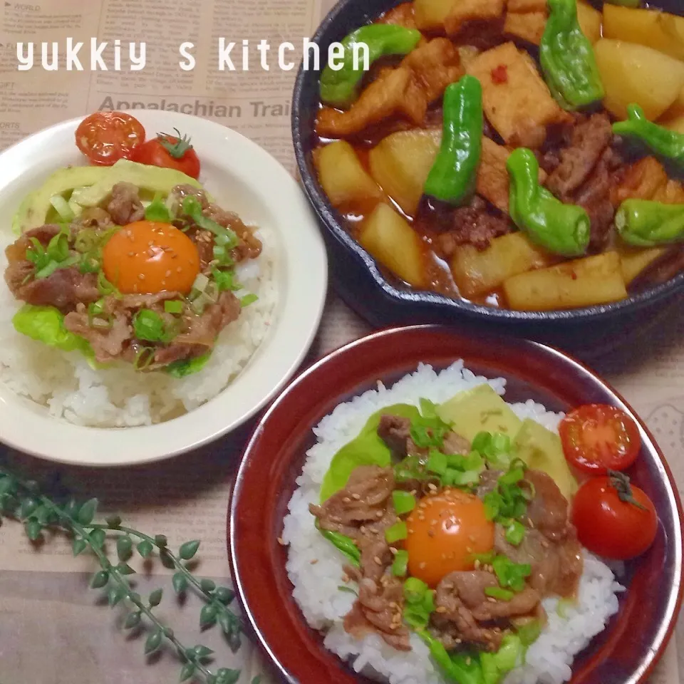 ♡カラメル豚丼&ピリ辛肉じゃが♡で晩ごはん♬|ユッキーさん