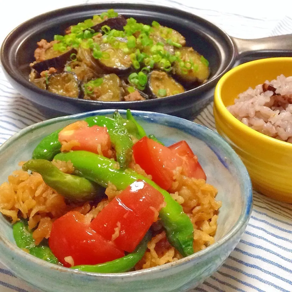 ◎麻婆茄子春雨&ししとうトマト◎野菜いっぱい晩ごはん♪♪|ユッキーさん