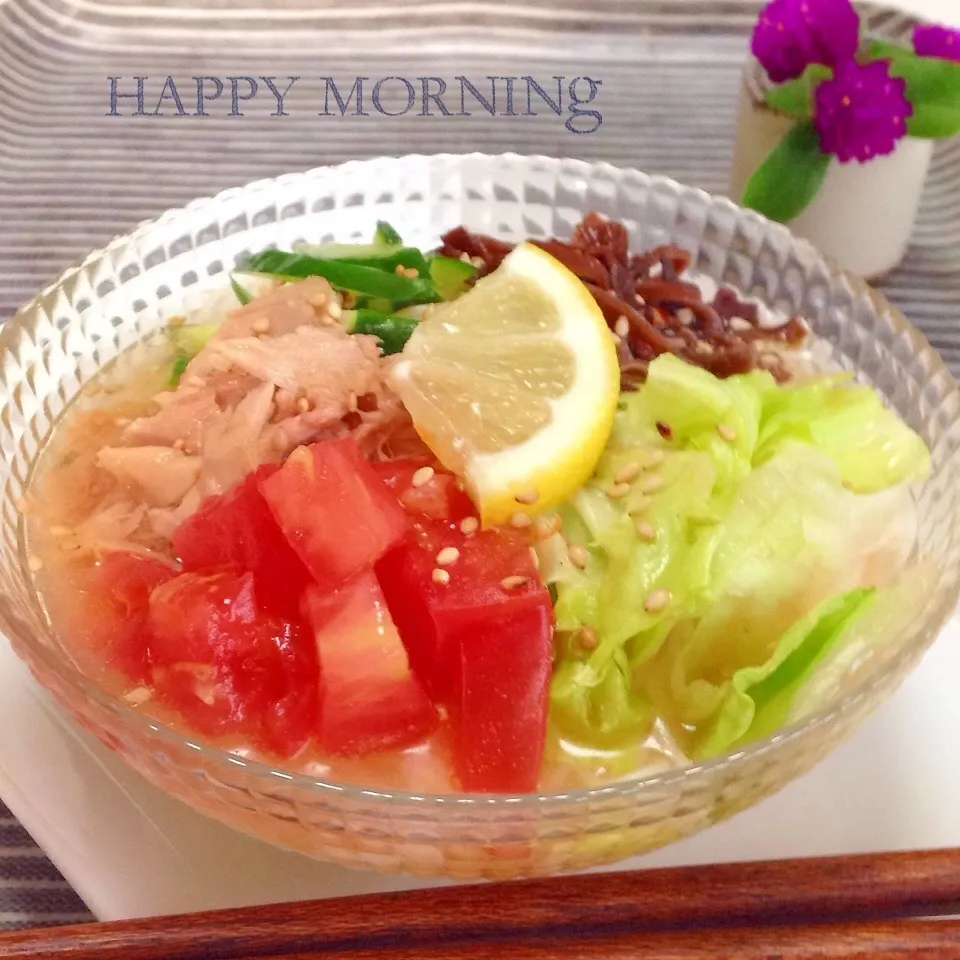 ◎冷麺風スープdeぶっかけ素麺◎まねっこ朝ごはん♪♪|ユッキーさん