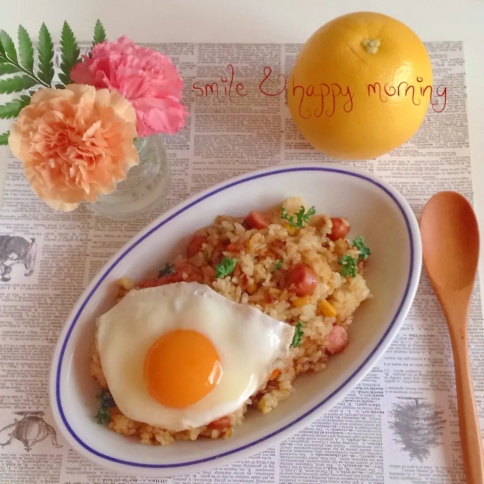 Snapdishの料理写真:♡カレーピラフで仲良し朝ごはん♡|ユッキーさん