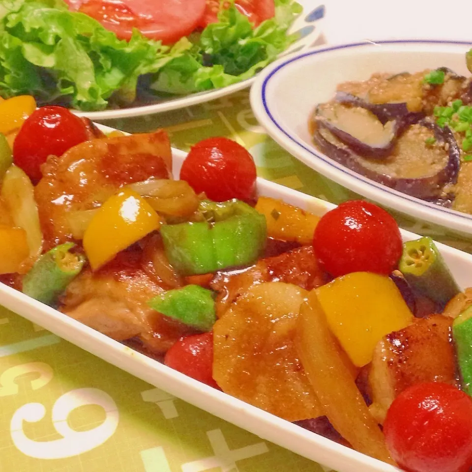 ◎カレー照り焼きチキン&まねっこナス◎で晩ごはん♪|ユッキーさん