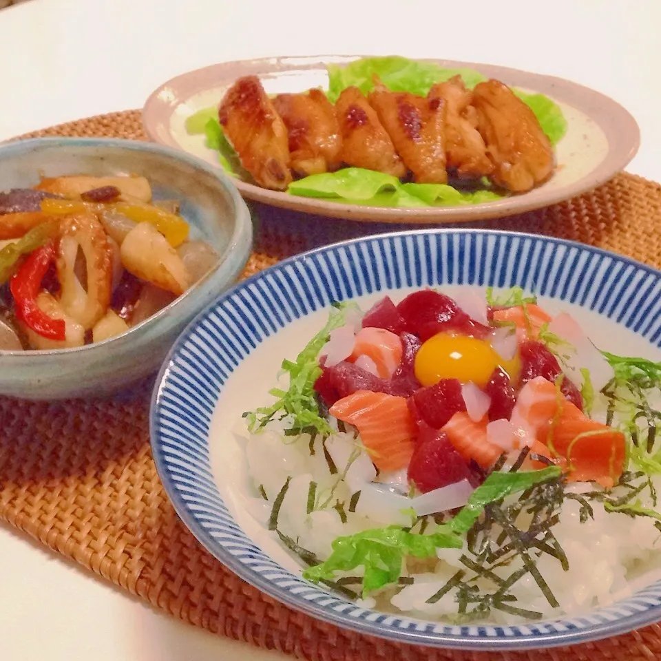 ◎海鮮丼と手羽中で焼き鳥◎|ユッキーさん