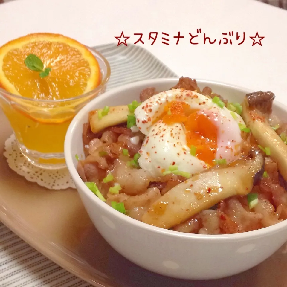 Snapdishの料理写真:◎豚バラ&エリンギのスタミナ焼き◎ピリ辛香味ダレ丼|ユッキーさん