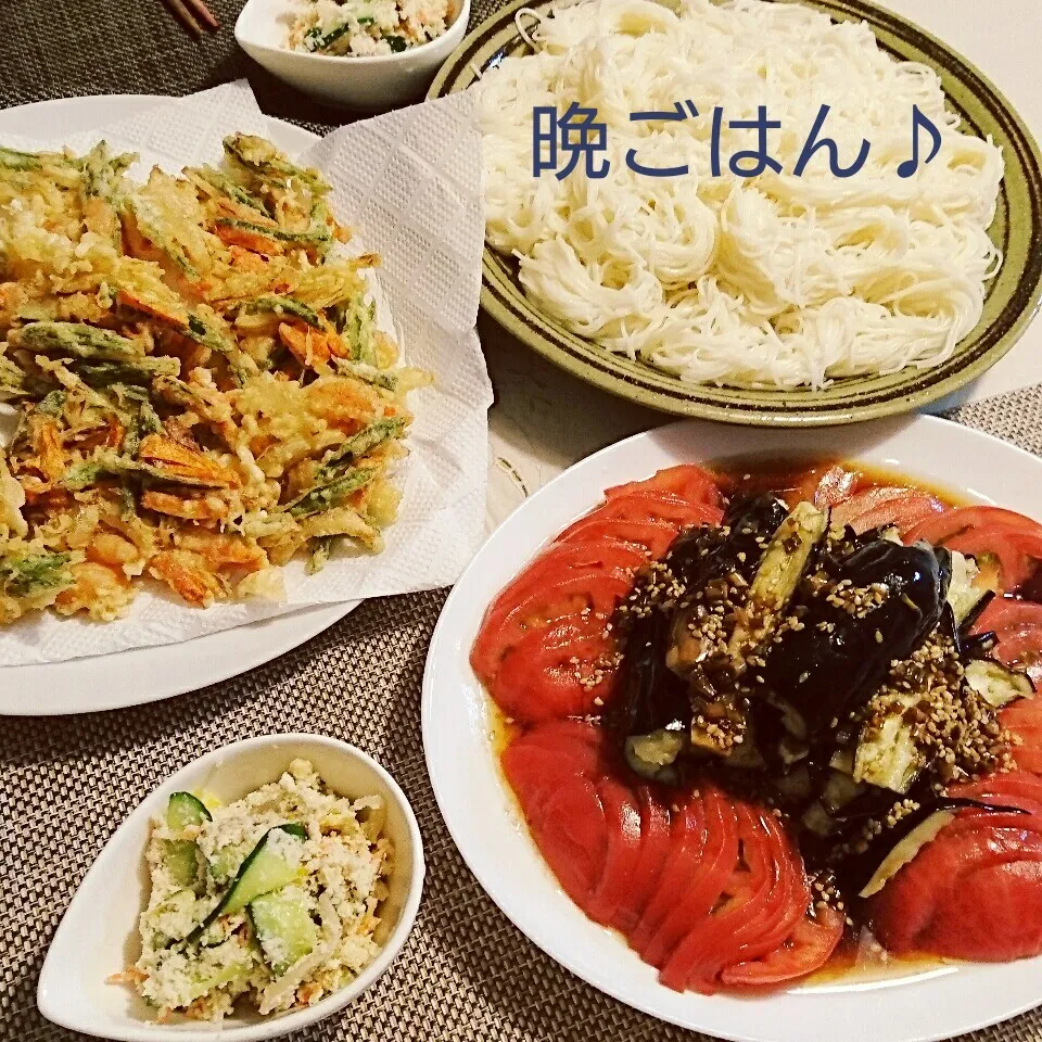 Snapdishの料理写真:今日の晩ごはん(かき揚げと…)|oomugiさん