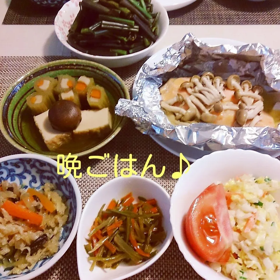 Snapdishの料理写真:今日の晩ごはん(鮭のホイル焼きと…)|oomugiさん