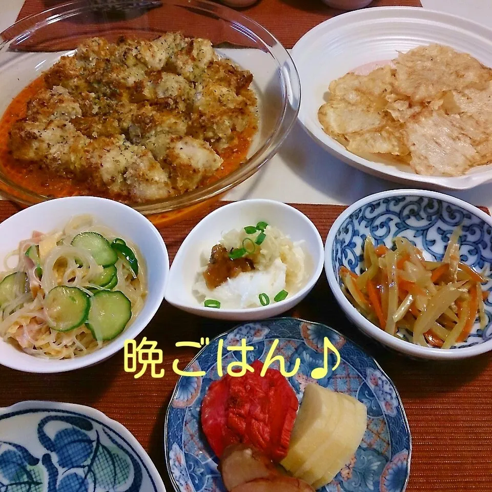 今日の晩ごはん(鶏モモ肉のマヨポテ焼きと…)|oomugiさん