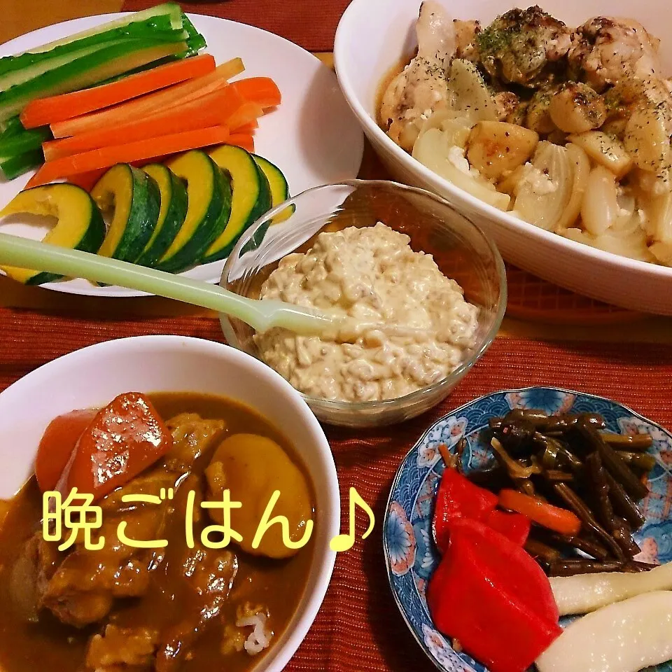 Snapdishの料理写真:今日の晩ごはん(手羽元の塩麹グリルと…)|oomugiさん