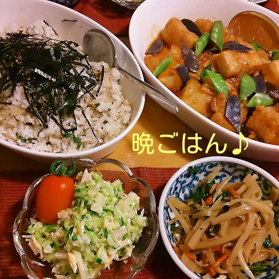 Snapdishの料理写真:今日の晩ごはん(厚揚げとしみこんにゃくの肉巻きと…)|oomugiさん