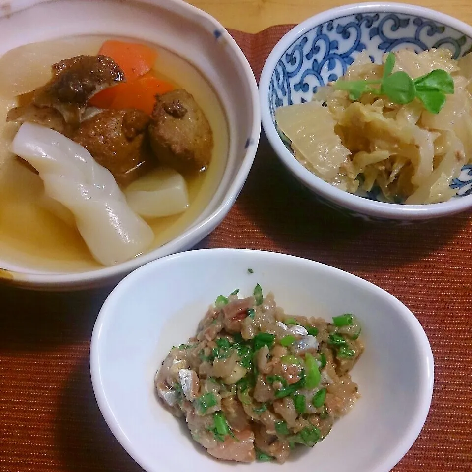 Snapdishの料理写真:今日の晩ごはん(イワシのなめろうと…)|oomugiさん