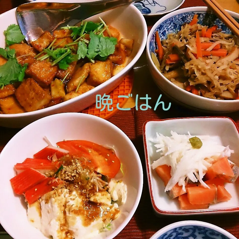 今日の晩ごはん(厚揚げと鶏むね肉のピリ辛照り焼きと…)|oomugiさん