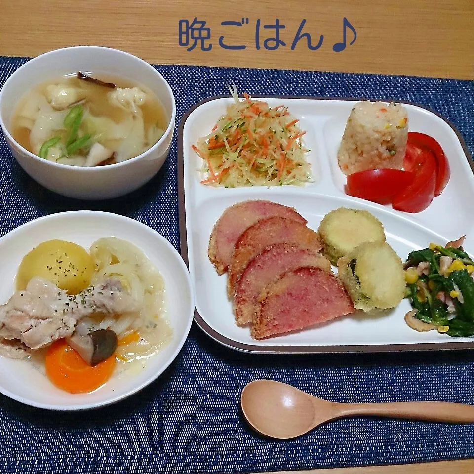 Snapdishの料理写真:むぎちょこ家の晩ごはん(ハムカツと…)|oomugiさん