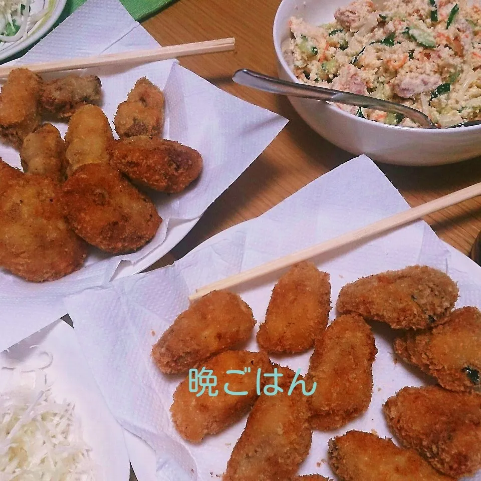 Snapdishの料理写真:むぎちょこ家の晩ごはん(肉巻きフライと…)|oomugiさん