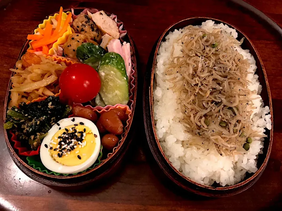 本日もお弁当🍱照り焼きチキン🥓紅白なます🥕小松菜ゴマ和え🥬煮豆🌰きゅうりとハムシーザーサラダ🥗切り干し大根🥗ゆで卵🥚ちりめん山椒🥗 #息子弁当  #わっぱ弁当  #チキン照り焼き  #紅白なます  #小松菜の胡麻和え  #煮豆金時 #きゅうり #ハム  #シーザーサラダ #セゾンファクトリーのシーザーサラダドレッシング|Yukie  Toriseさん