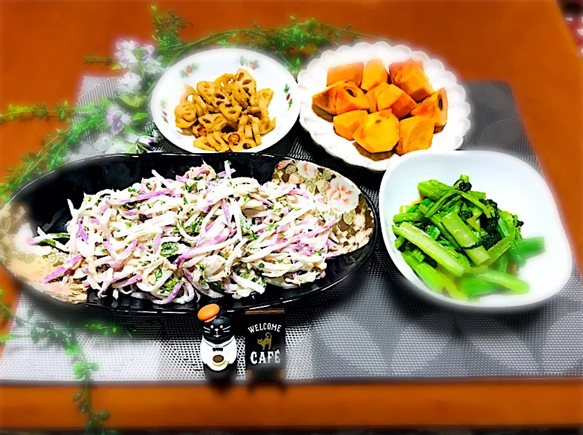 大根とツナのサラダ&ベビーアスパラの辛子酢味噌和え&ハスのきんぴら( ✌︎'ω')✌︎|バシュランさん