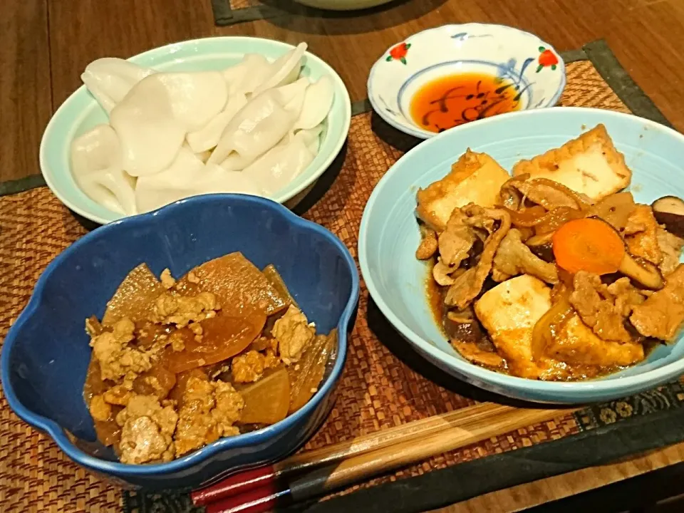 豚肉と厚揚げ炒め&水餃子&けんちょ|まぐろさん