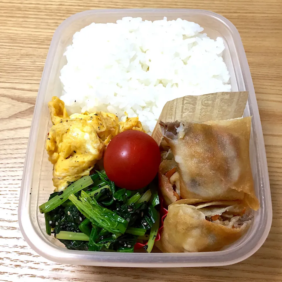 木曜日の旦那さんのお弁当☺︎ #お弁当記録  #春巻き  #ほうれん草の胡麻和え|むさけんさん