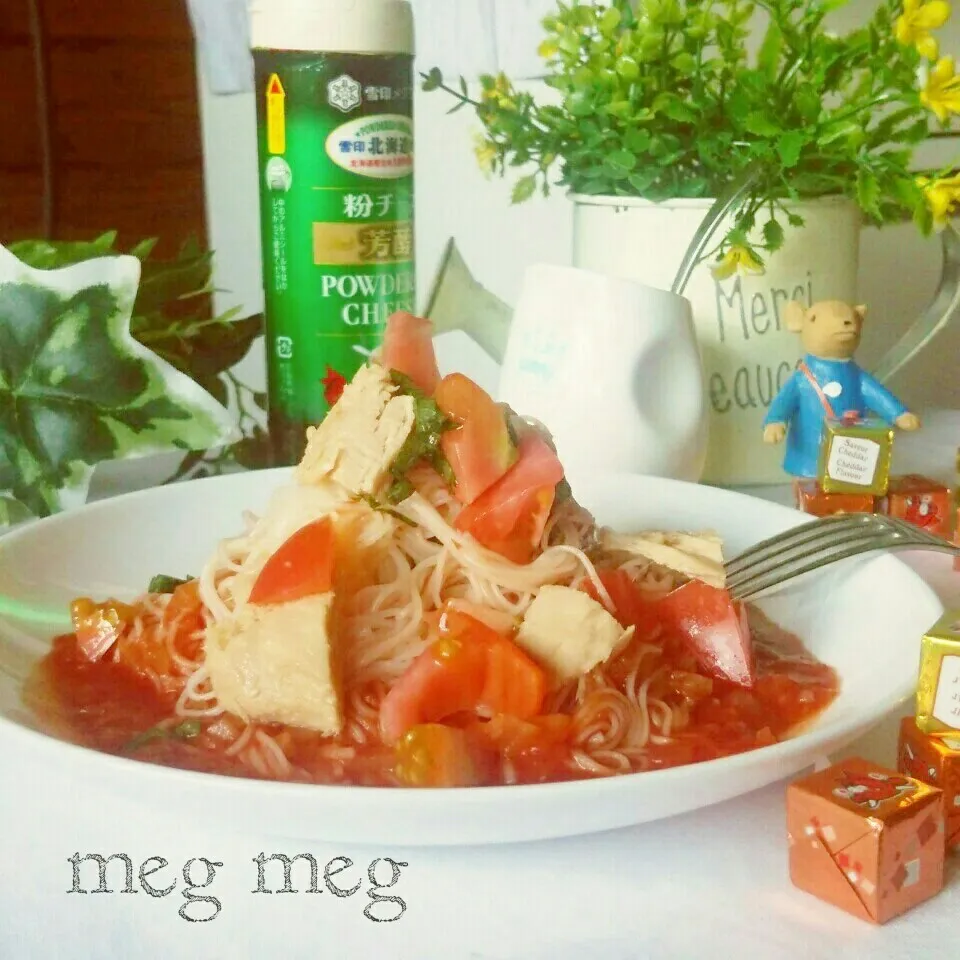 Snapdishの料理写真:🍅 トマトジュースと素麺で 🍝イタリアン風|めぐめぐさん