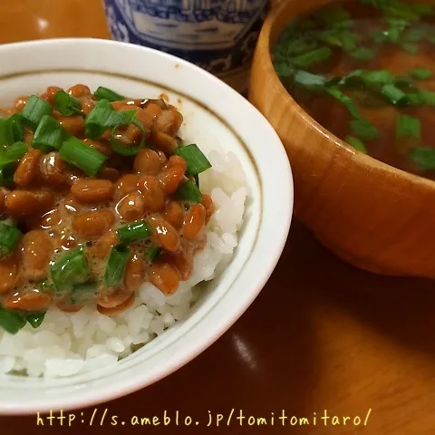 Snapdishの料理写真:九条ネギたっぷり！納豆ご飯と味噌汁な朝ごはん！！|とみとみたろうの男子ごはん♪さん