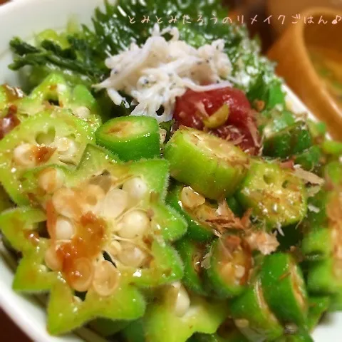 オクラと青じそと梅干しの三色丼！|とみとみたろうの男子ごはん♪さん