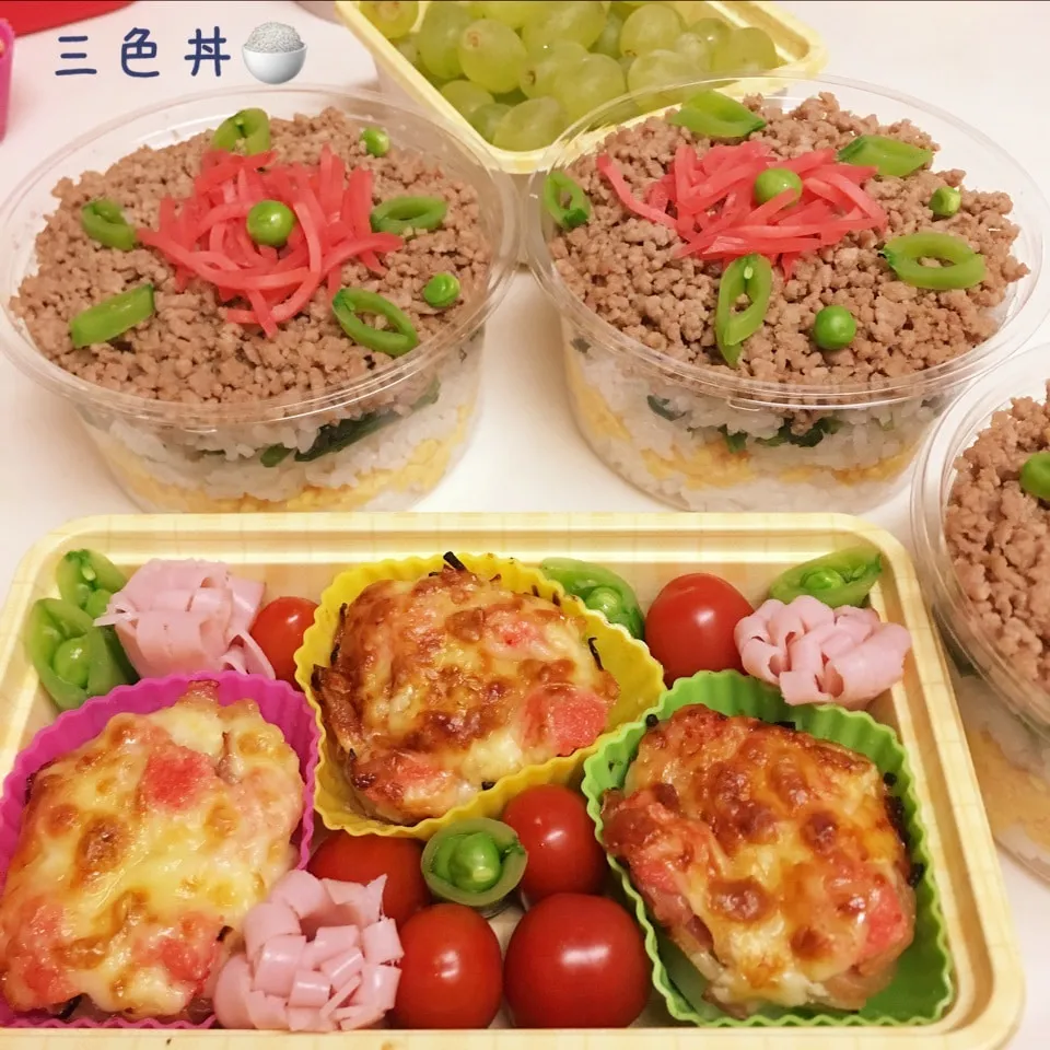 娘弁当🌸 三色丼🍚|ち〜さん