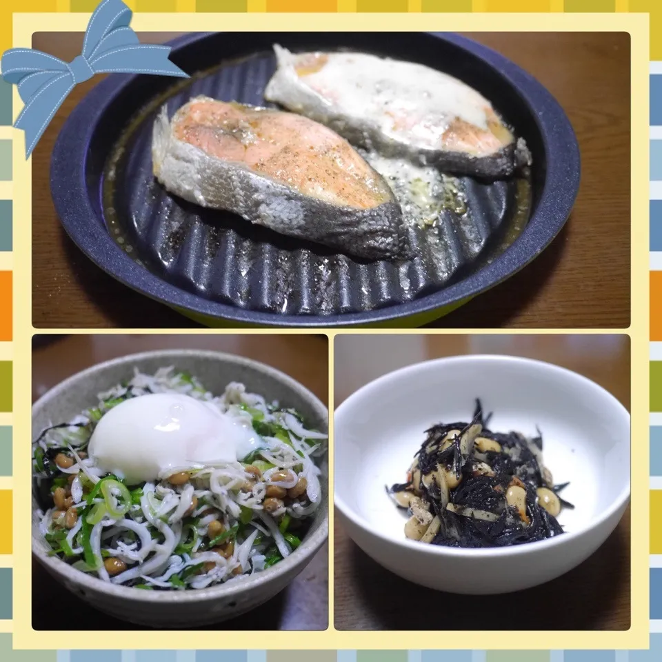 Snapdishの料理写真:シャケのバターしょう油焼き＆しらす納豆丼＆ひじき煮|まぁたんさん