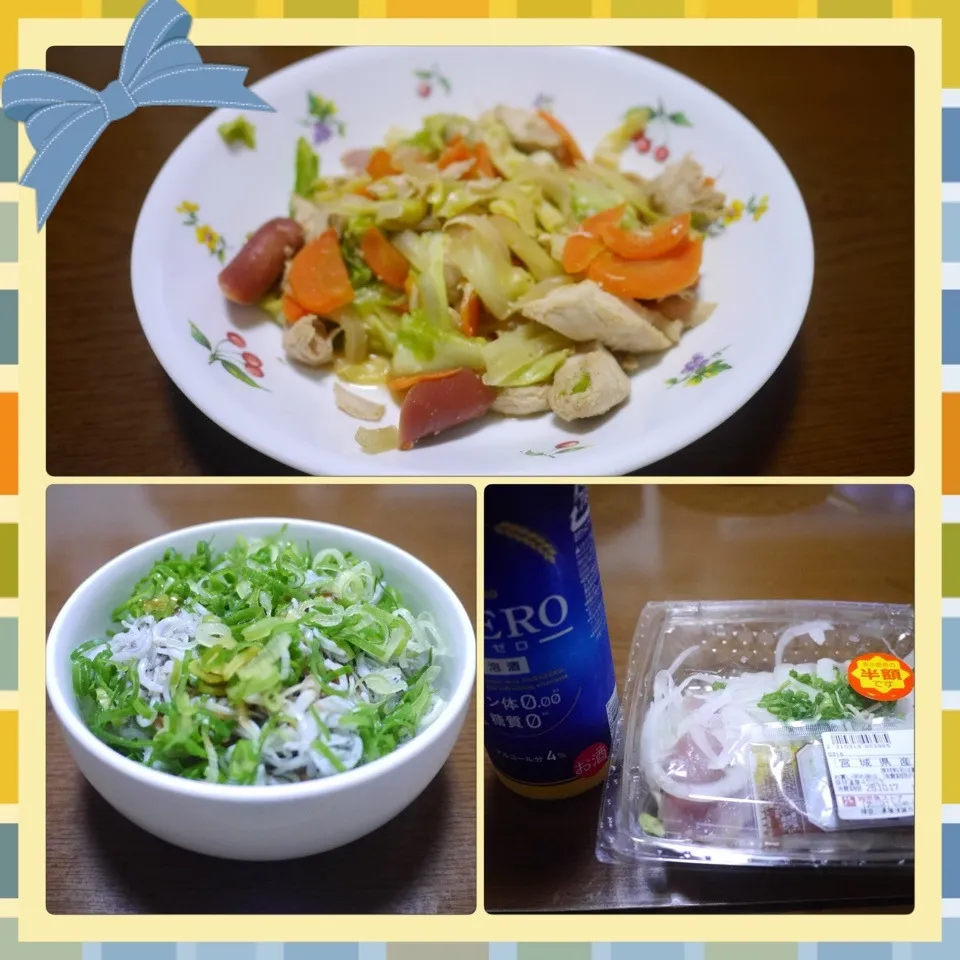 Snapdishの料理写真:鶏肉野菜炒め＆しらす納豆冷奴＆いなだのカルパッチョ＆ビール|まぁたんさん