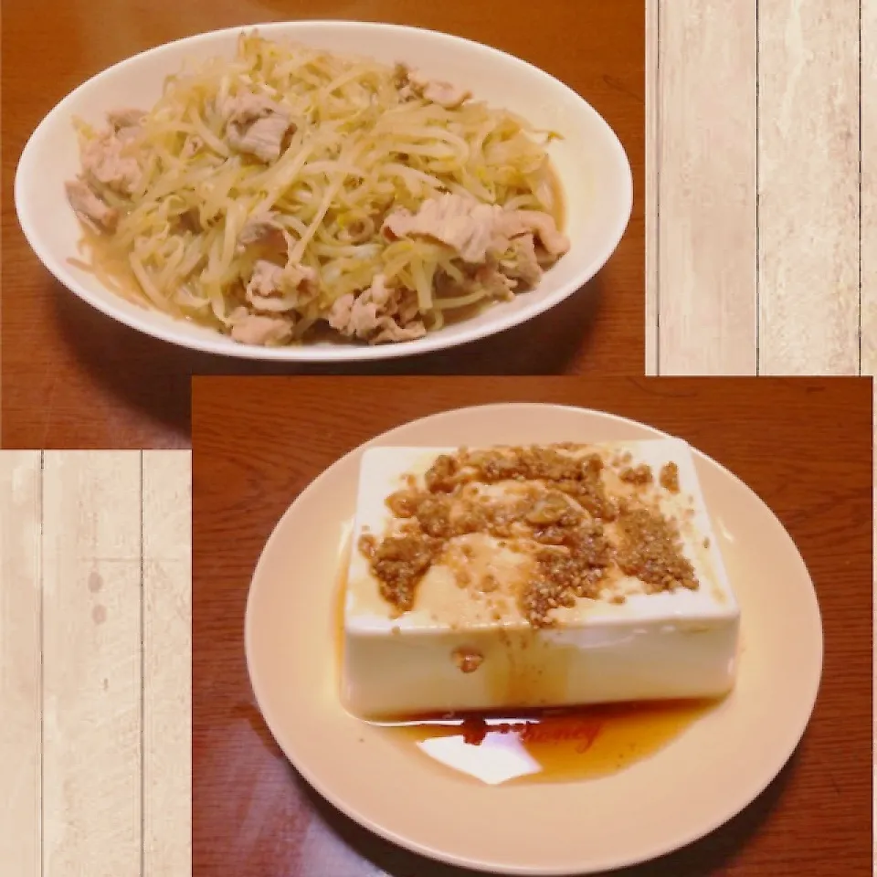 Snapdishの料理写真:豚肉もやし炒め＆冷奴|まぁたんさん