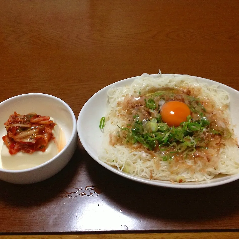 納豆素麺＆キムチ冷奴|まぁたんさん