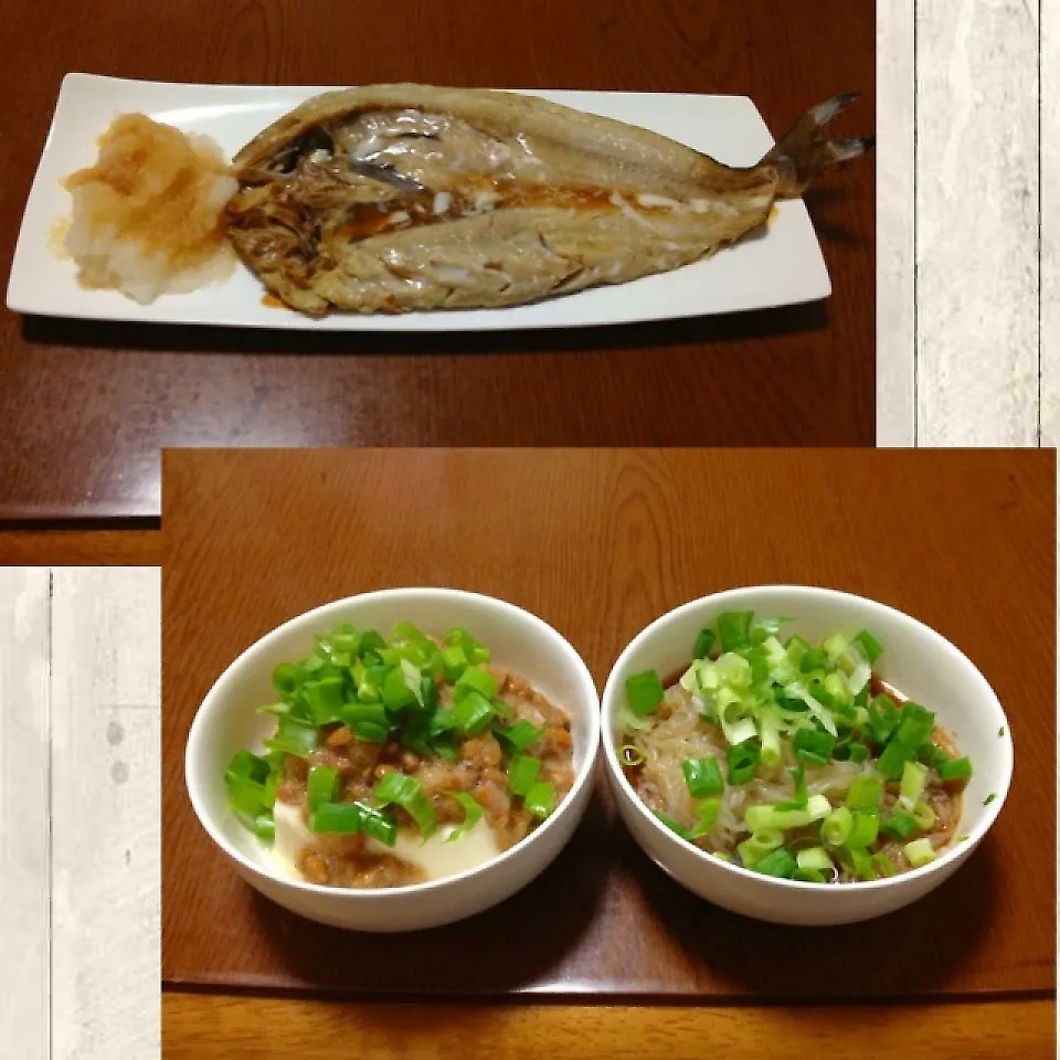 Snapdishの料理写真:ホッケ＆納豆おろし冷奴・こんにゃくそうめん|まぁたんさん