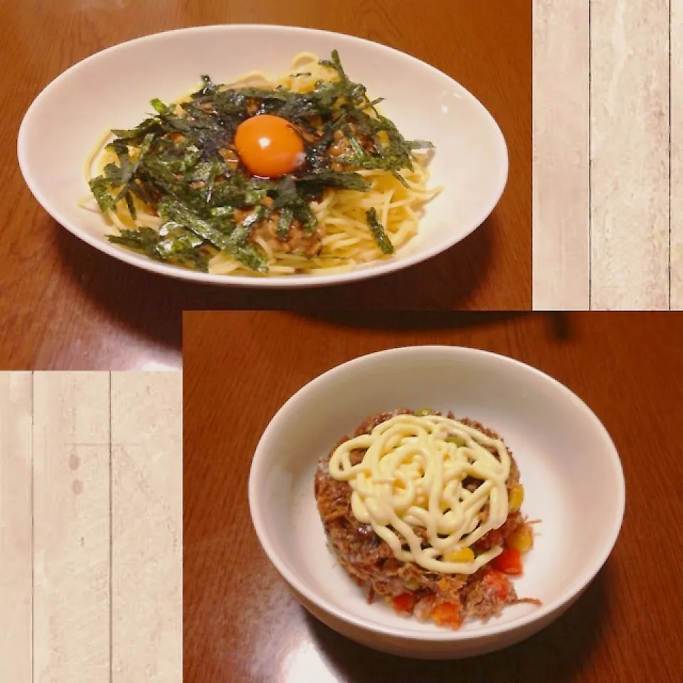 納豆パスタ＆コーンドミートベジタブル|まぁたんさん