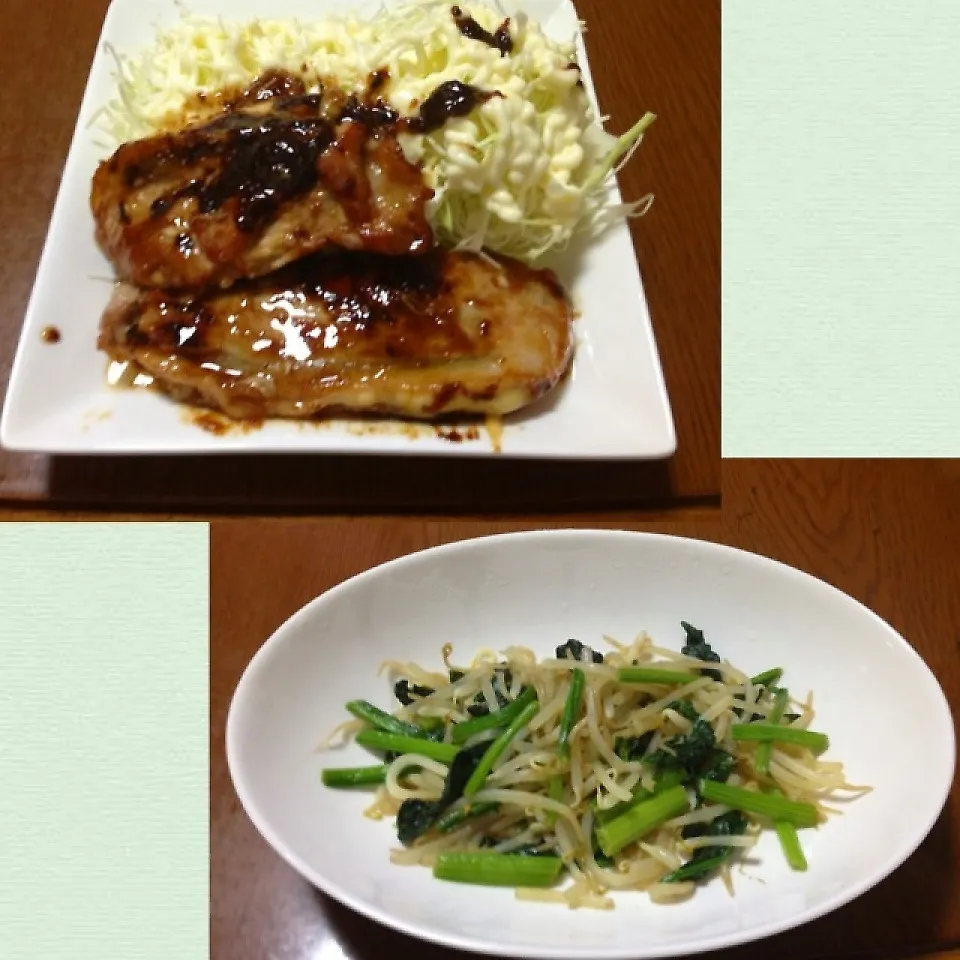 Snapdishの料理写真:豚肉海苔チーズサンドの生姜焼き＆ほうれん草ともやし炒め|まぁたんさん