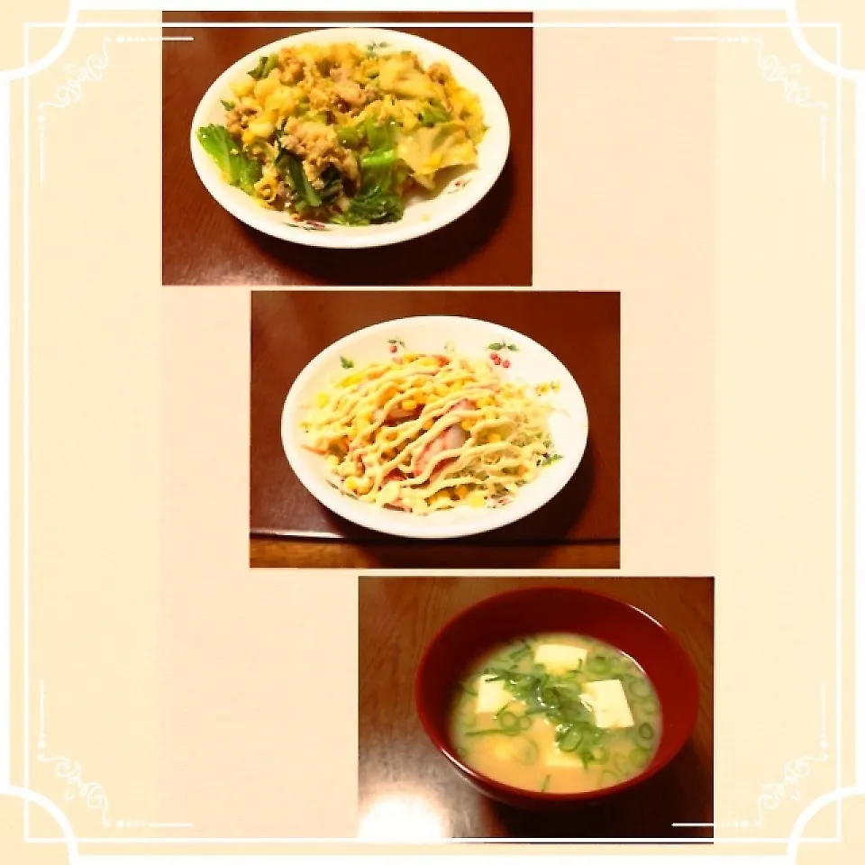 Snapdishの料理写真:肉野菜炒め＆カニカマサラダ＆みそ汁|まぁたんさん