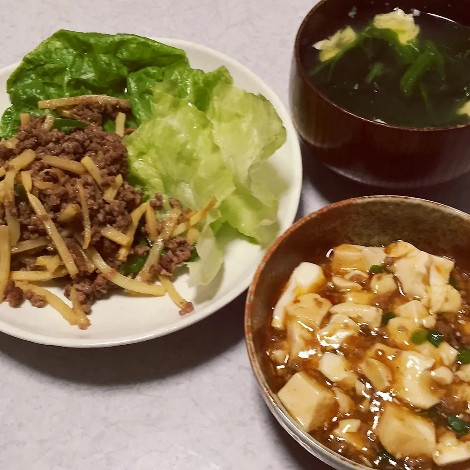 青椒肉絲と麻婆豆腐と玉子スープ|ようこさん