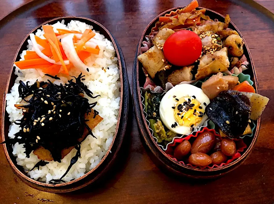 Snapdishの料理写真:本日もお弁当🍱オクラ豚肉巻き🥓切り干し大根🥕旨煮🌰煮豆🌰紅白なます🥕ヒジキの煮物 #息子弁当  #わっぱ弁当  #オクラの豚巻き #豚肉 #切り干し大根  #紅白なます  #ひじきの煮物  #煮豆 #ゆでたまご #ゆでたまご #小松菜ゴマ和え#中島公園 #札幌|Yukie  Toriseさん