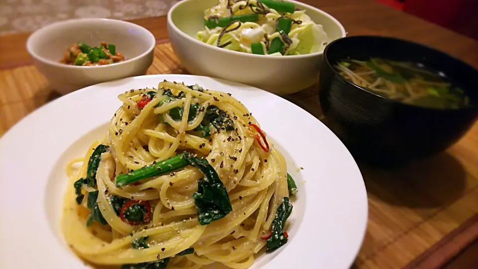 ﾎｳﾚﾝ草の明太ｸﾘｰﾑﾊﾟｽﾀ～🍝
の晩ごはん✨|kaz(*･ω･)さん