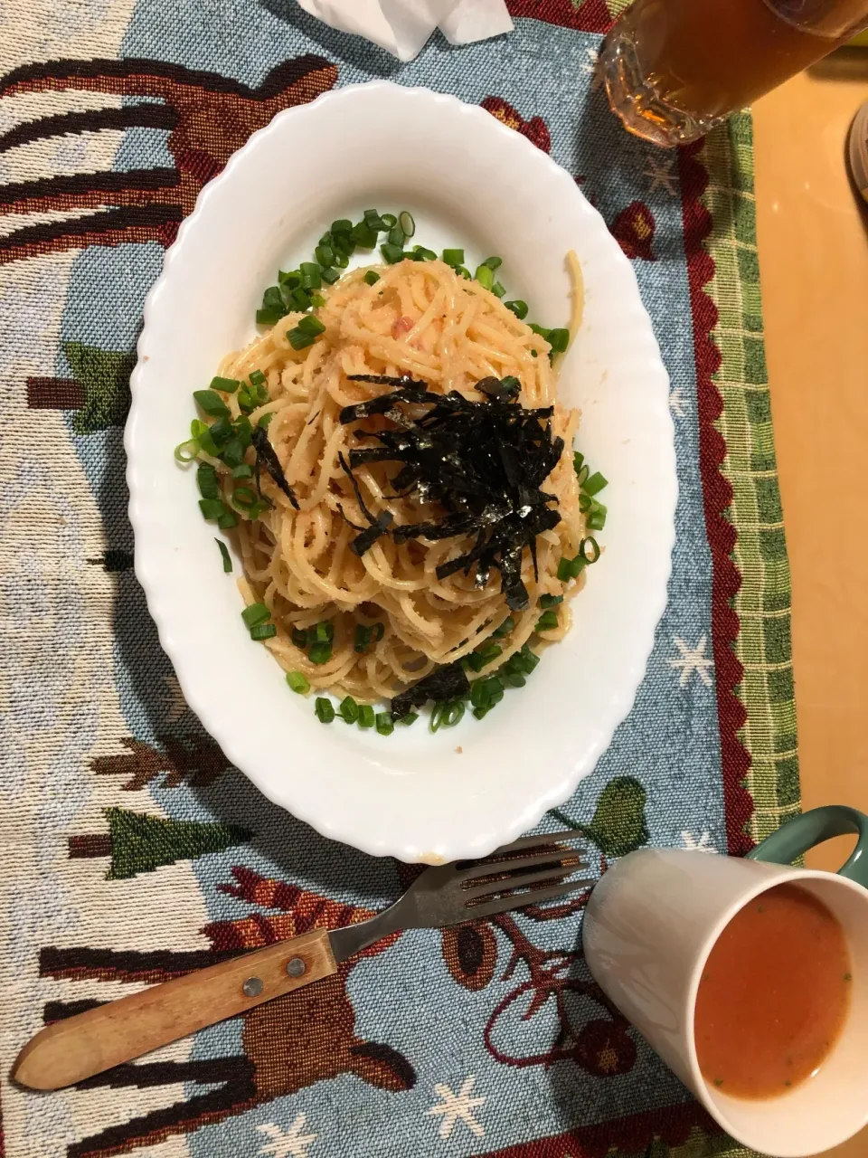 簡単たらこ和風パスタ、インスタントスープ|shinsさん