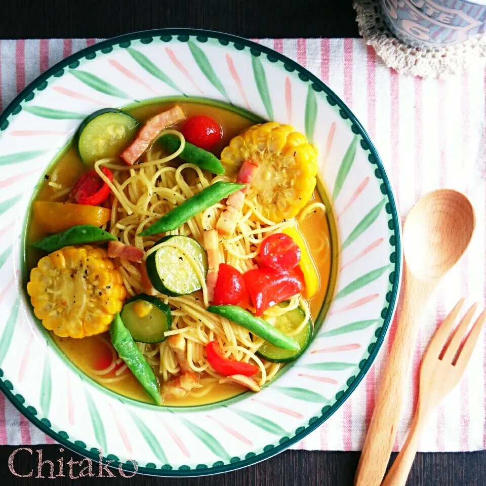 別茹で不要♡夏野菜のカレースープパスタ♡冷蔵庫のお掃除にも♪|ちたこさん