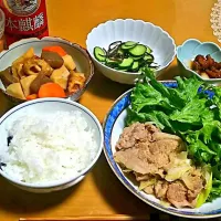 豚肉のごま味噌焼き、きゅうりの塩昆布和え、なめこおろし、里芋の煮物 #今日の夕飯 #ヨシケイ|ぽんさん