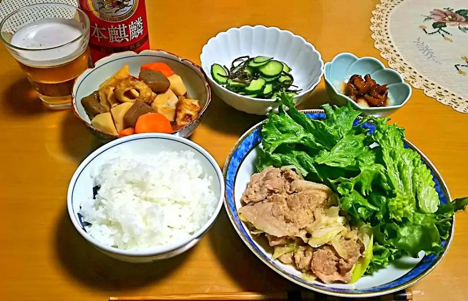 豚肉のごま味噌焼き、きゅうりの塩昆布和え、なめこおろし、里芋の煮物 #今日の夕飯 #ヨシケイ|ぽんさん