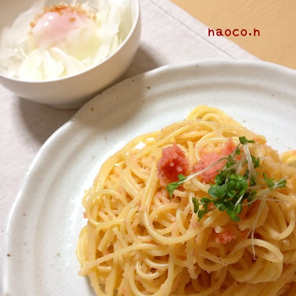 明太子パスタ&新玉ねぎと温玉サラダ|naocoさん