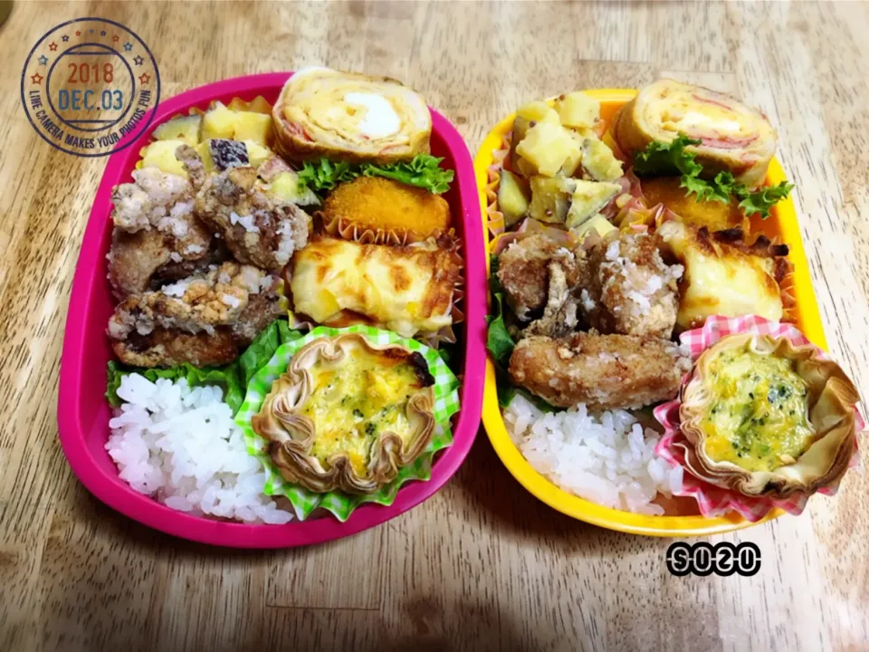 週の始まり月曜日！！
おかずの量 多すぎた💦
ご飯の上まで置くことになってしまった💦
 #jkおべんとう   #2人分   #手作り弁当   #高校生活   #部活おべんとう   #バスケットボール   #バスケ   #スープ   #あったかい   #ワカメ   #プチキッシュ|suzuさん