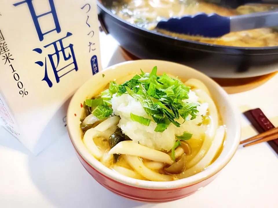 #糀甘酒 で純豆腐の〆はうどん。大根おろしと大葉乗せ。|nokorinさん